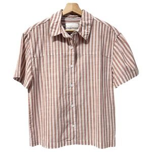 Lola River Striped Button Short Sleeve Shirt White Tan Coastal Rich Women Size S
